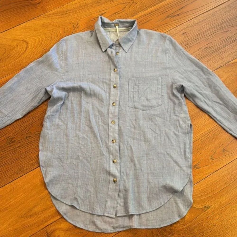 Free People Thats a Wrap Shirt in Chambray Combo Blue - Picture 8 of 14